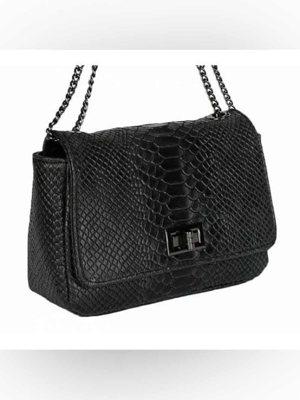 Genuine Italian Leather Black Quilted Snake-Embossed Chain Shoulder Bag